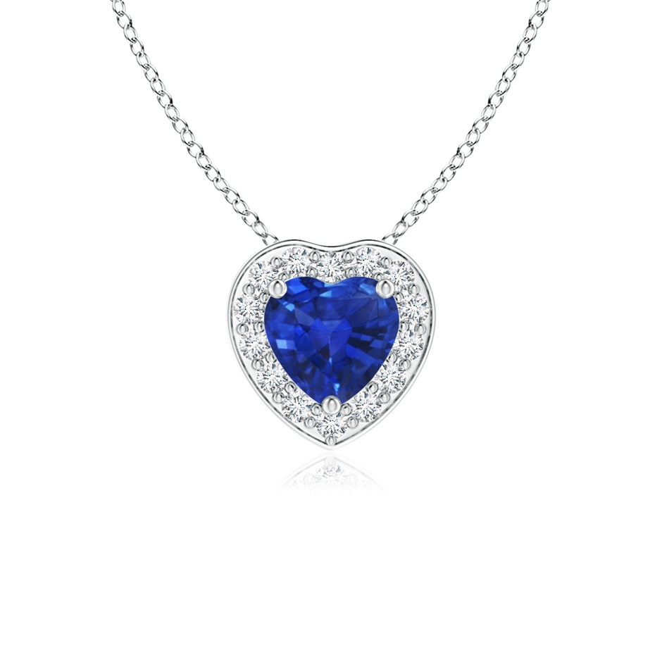 4mm AAA Heart-Shaped Blue Sapphire Pendant with Diamond Halo in 18K White Gold 