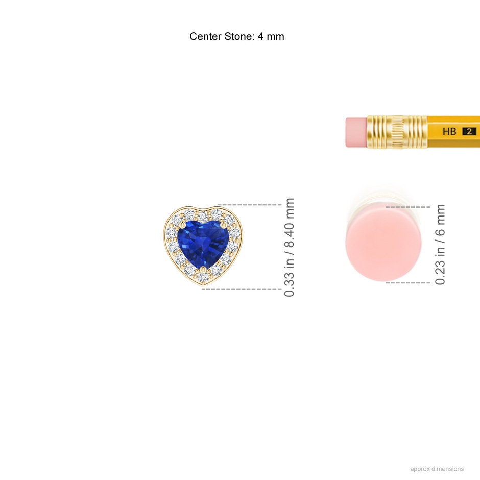 4mm AAA Heart-Shaped Blue Sapphire Pendant with Diamond Halo in Yellow Gold ruler