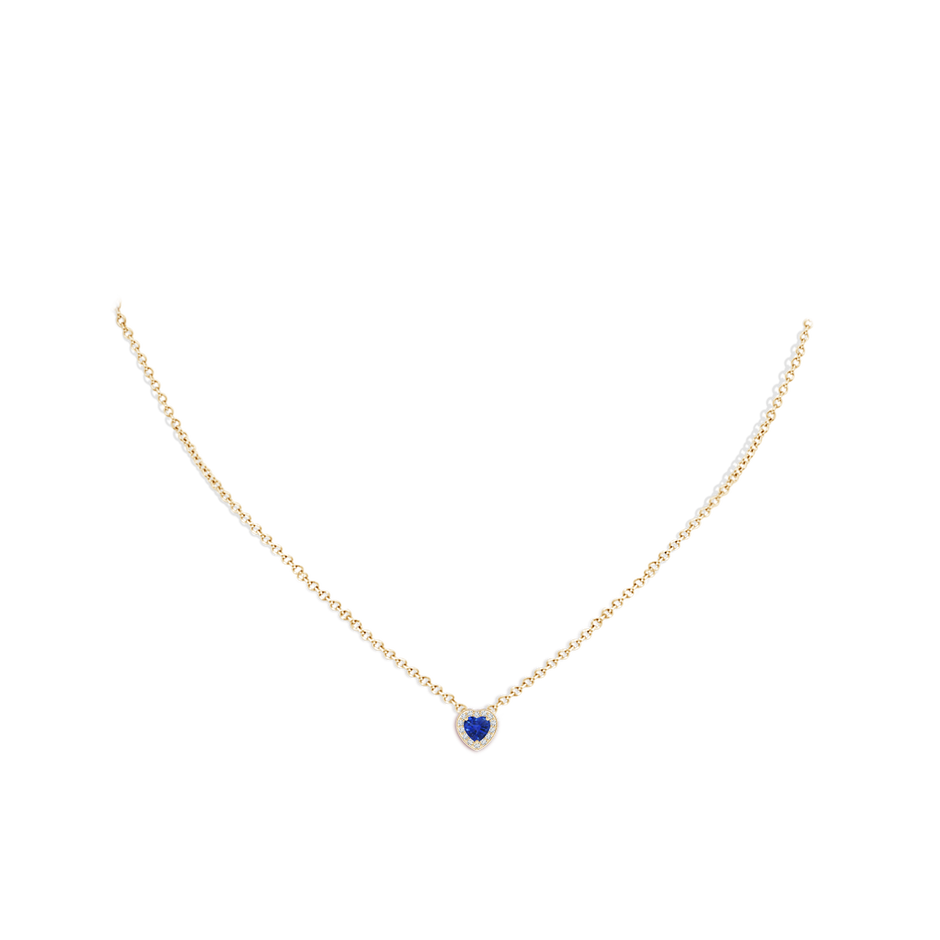 4mm AAA Heart-Shaped Blue Sapphire Pendant with Diamond Halo in Yellow Gold pen