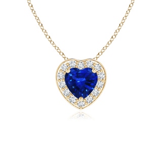 4mm AAAA Heart-Shaped Blue Sapphire Pendant with Diamond Halo in Yellow Gold
