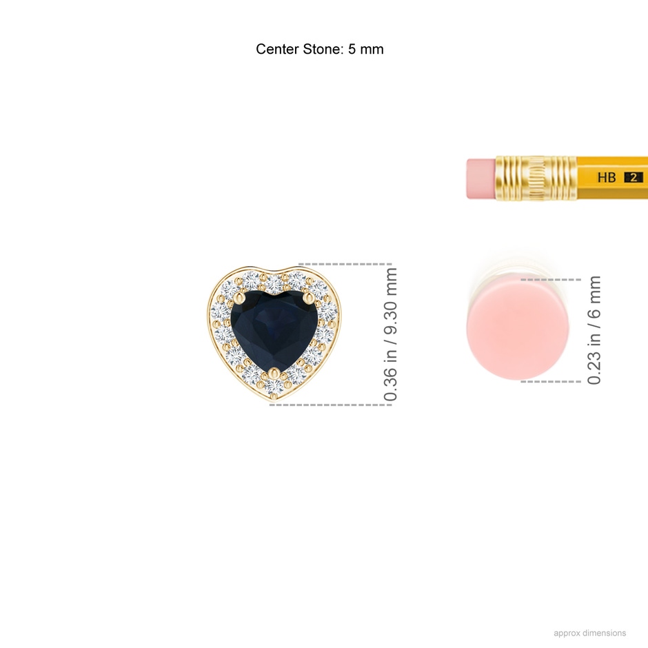 5mm A Heart-Shaped Blue Sapphire Pendant with Diamond Halo in Yellow Gold ruler