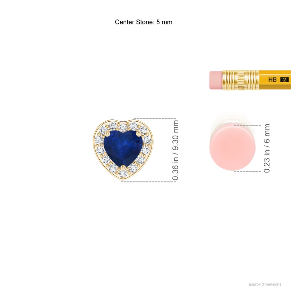 5mm AA Heart-Shaped Blue Sapphire Pendant with Diamond Halo in Yellow Gold ruler