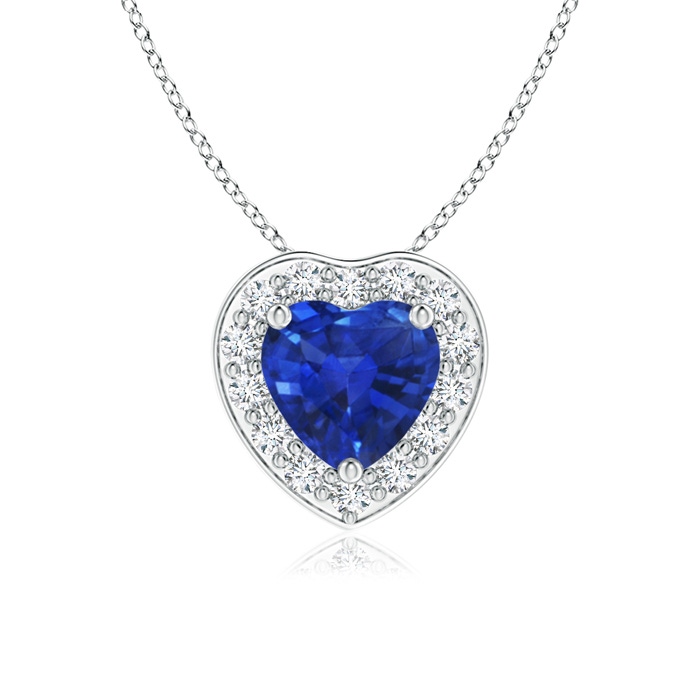 5mm AAA Heart-Shaped Blue Sapphire Pendant with Diamond Halo in White Gold 