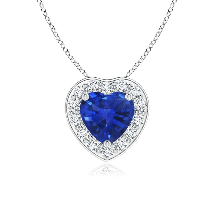 5mm AAA Heart-Shaped Blue Sapphire Pendant with Diamond Halo in White Gold