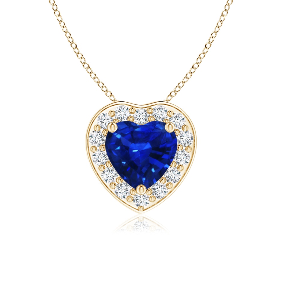 5mm AAAA Heart-Shaped Blue Sapphire Pendant with Diamond Halo in Yellow Gold 