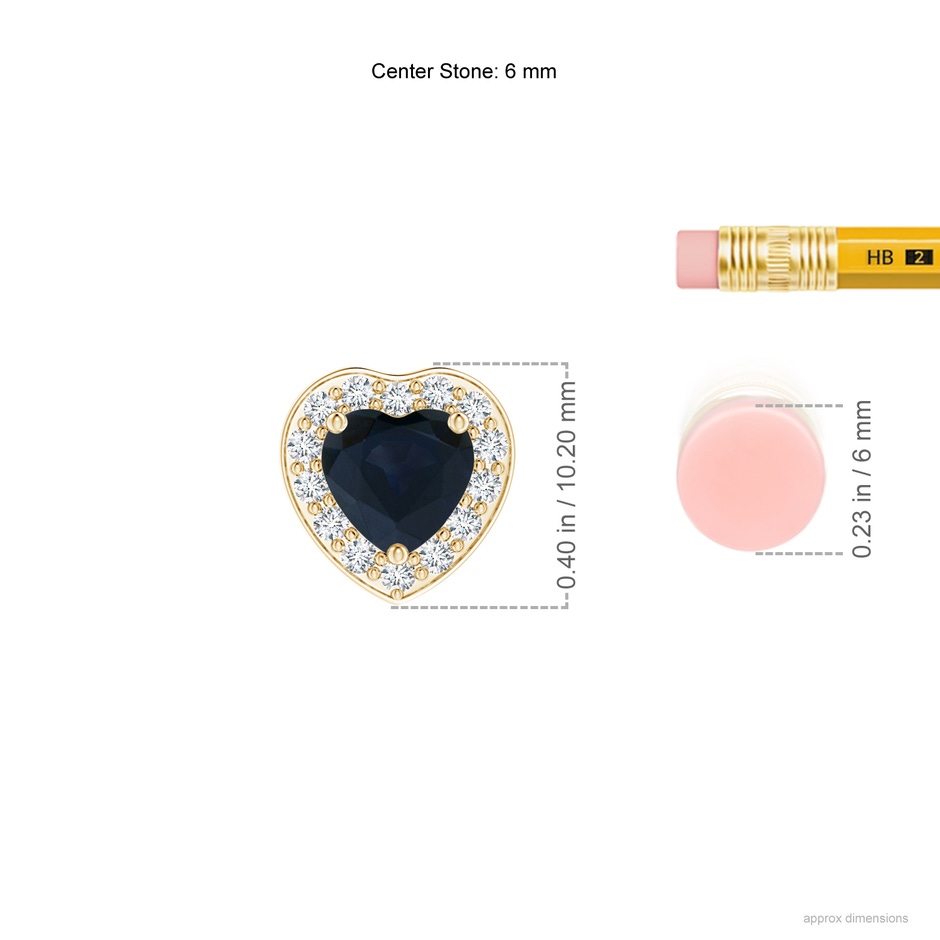 6mm A Heart-Shaped Blue Sapphire Pendant with Diamond Halo in Yellow Gold ruler