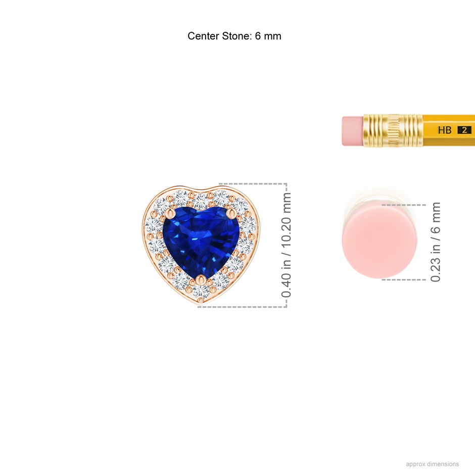 6mm AAAA Heart-Shaped Blue Sapphire Pendant with Diamond Halo in 18K Rose Gold ruler