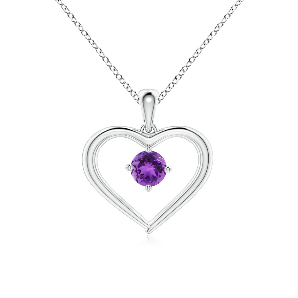 4mm AAA Solitaire Round Amethyst Open Heart Pendant in White Gold