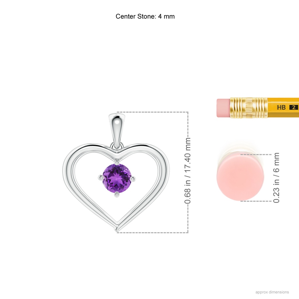 4mm AAA Solitaire Round Amethyst Open Heart Pendant in White Gold Ruler