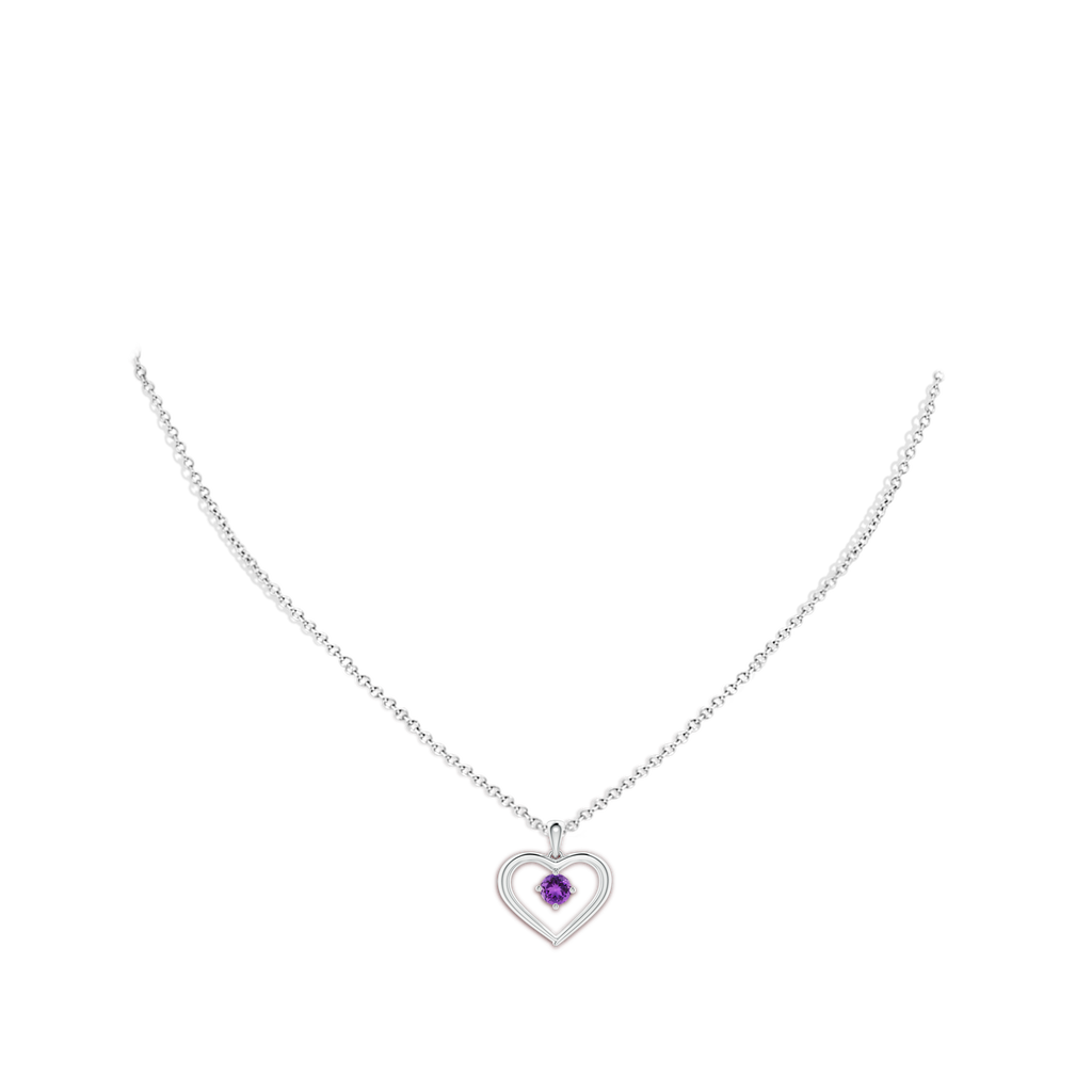 4mm AAA Solitaire Round Amethyst Open Heart Pendant in White Gold Body-Neck