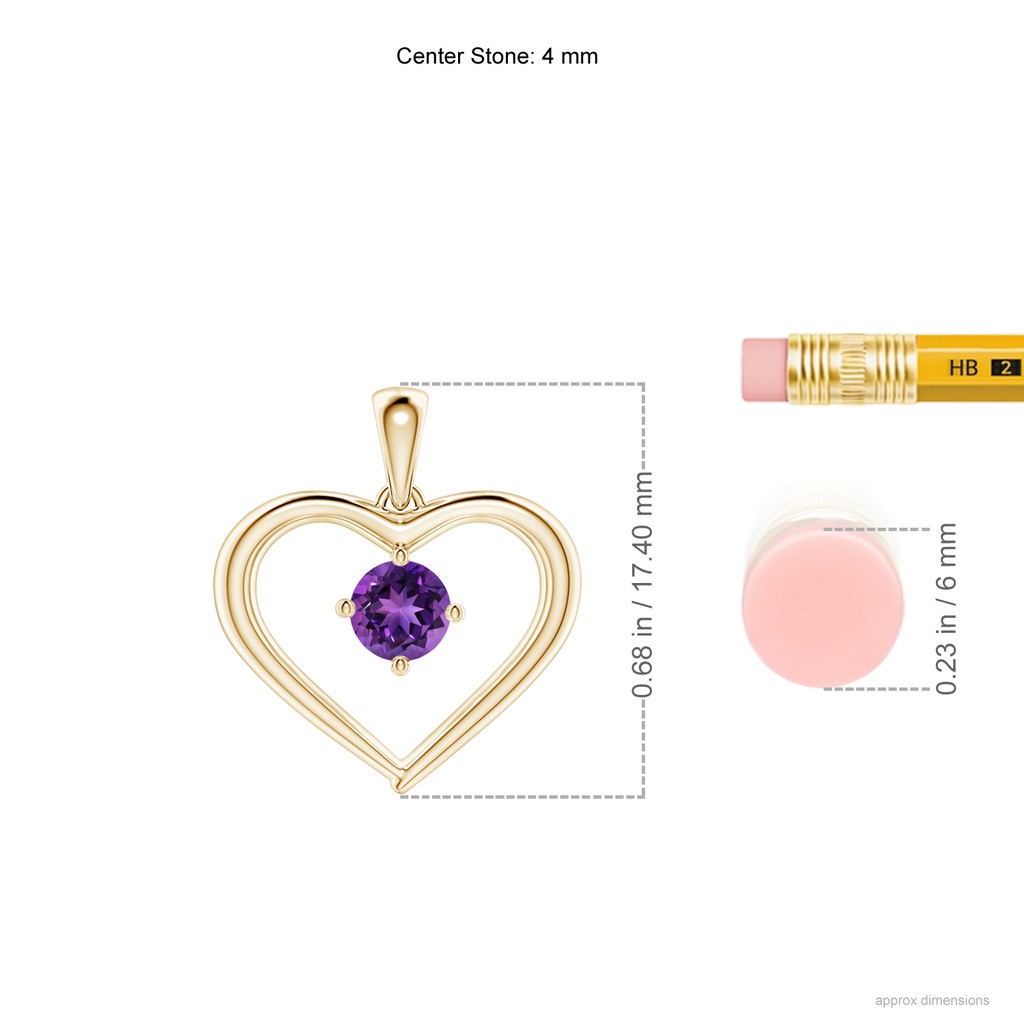 4mm AAAA Solitaire Round Amethyst Open Heart Pendant in Yellow Gold Ruler