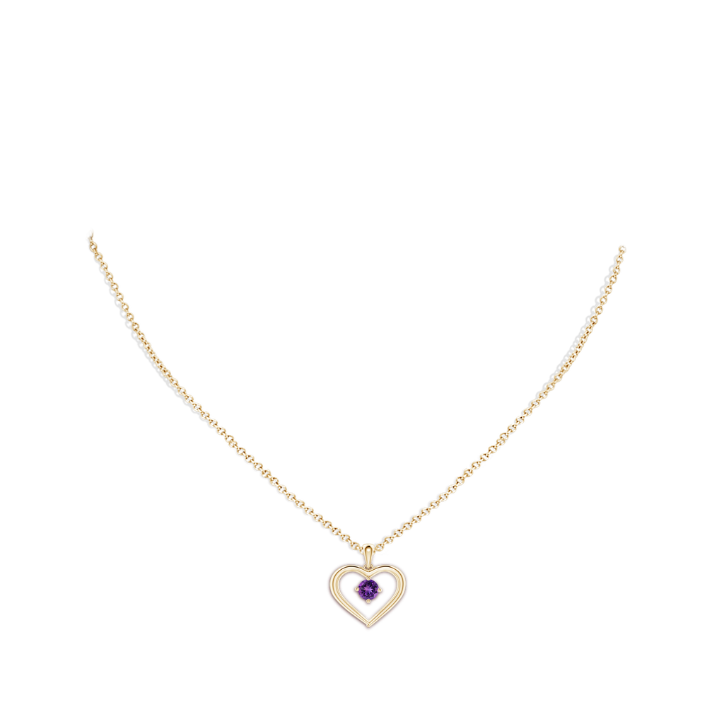4mm AAAA Solitaire Round Amethyst Open Heart Pendant in Yellow Gold Body-Neck