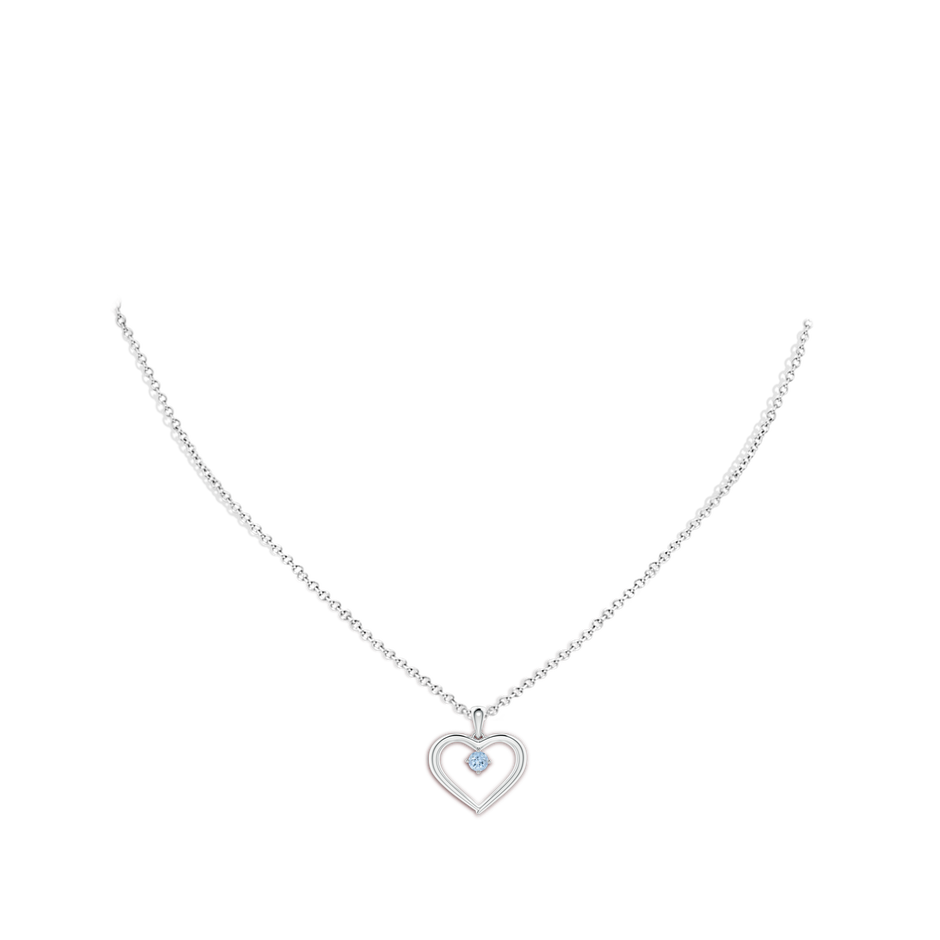 3mm AA Solitaire Round Aquamarine Open Heart Pendant in P950 Platinum body-neck