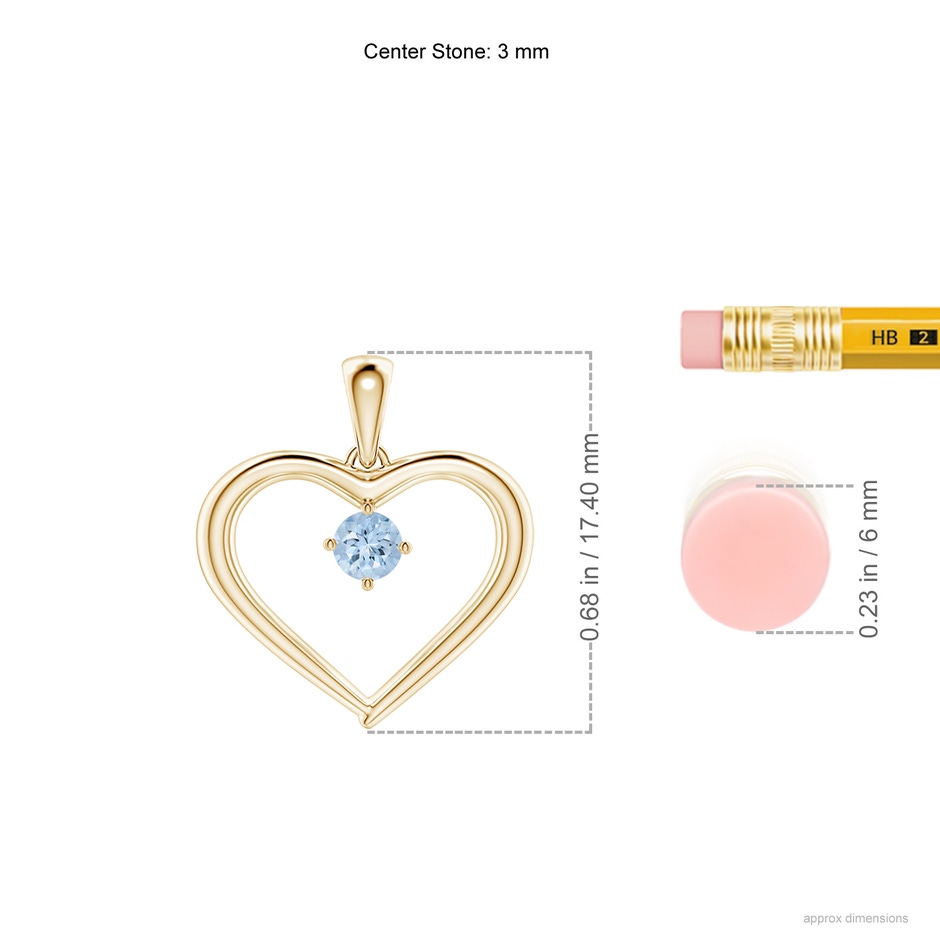 3mm AA Solitaire Round Aquamarine Open Heart Pendant in Yellow Gold ruler