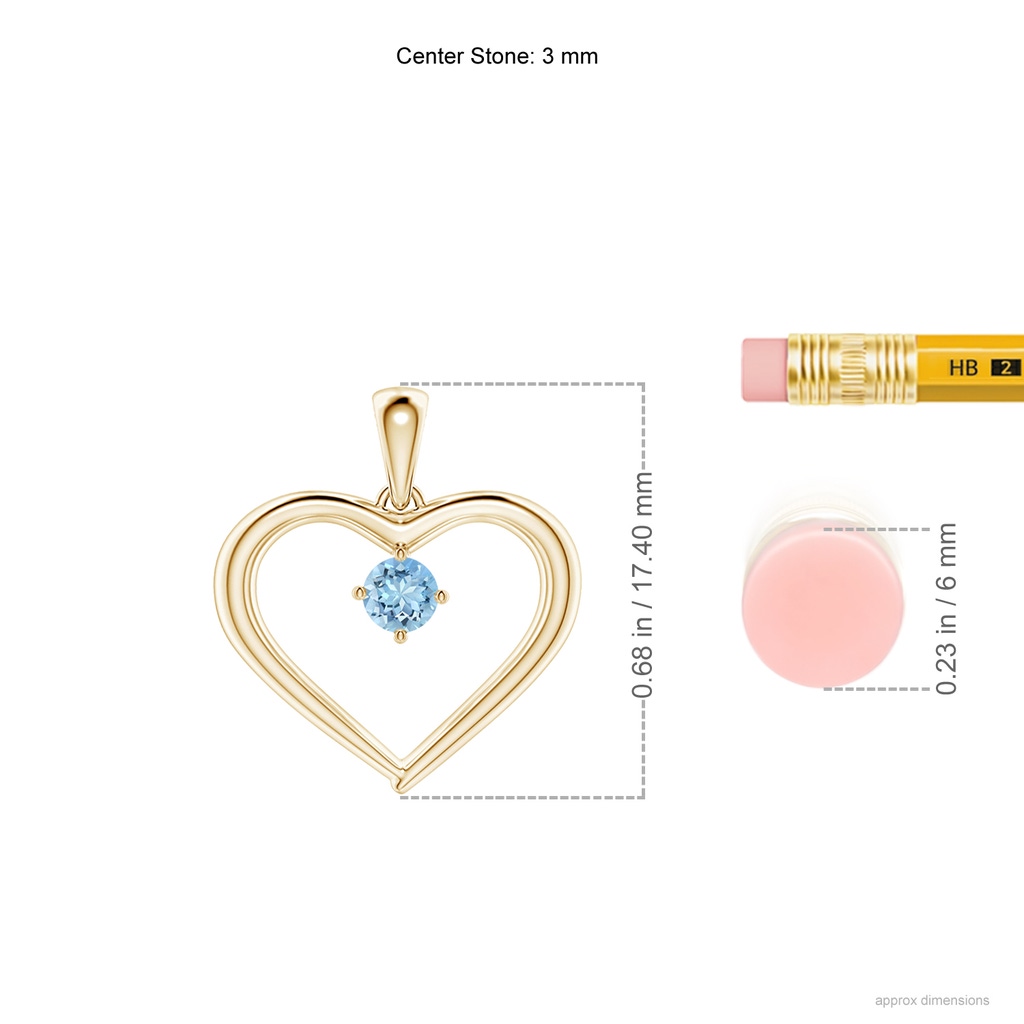 3mm AAAA Solitaire Round Aquamarine Open Heart Pendant in Yellow Gold Ruler