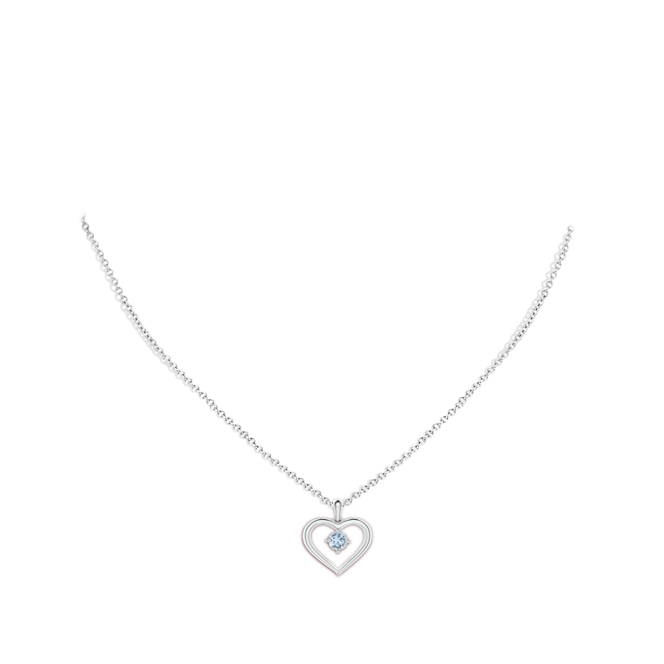4mm A Solitaire Round Aquamarine Open Heart Pendant in P950 Platinum body-neck