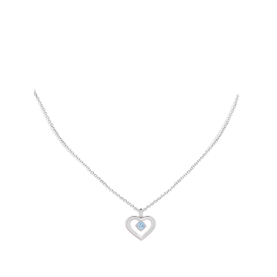 4mm AA Solitaire Round Aquamarine Open Heart Pendant in White Gold body-neck