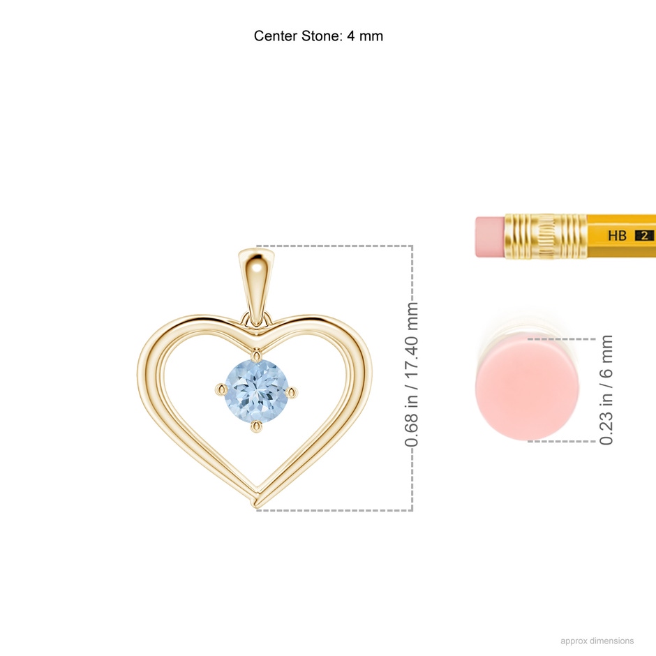 4mm AA Solitaire Round Aquamarine Open Heart Pendant in Yellow Gold ruler