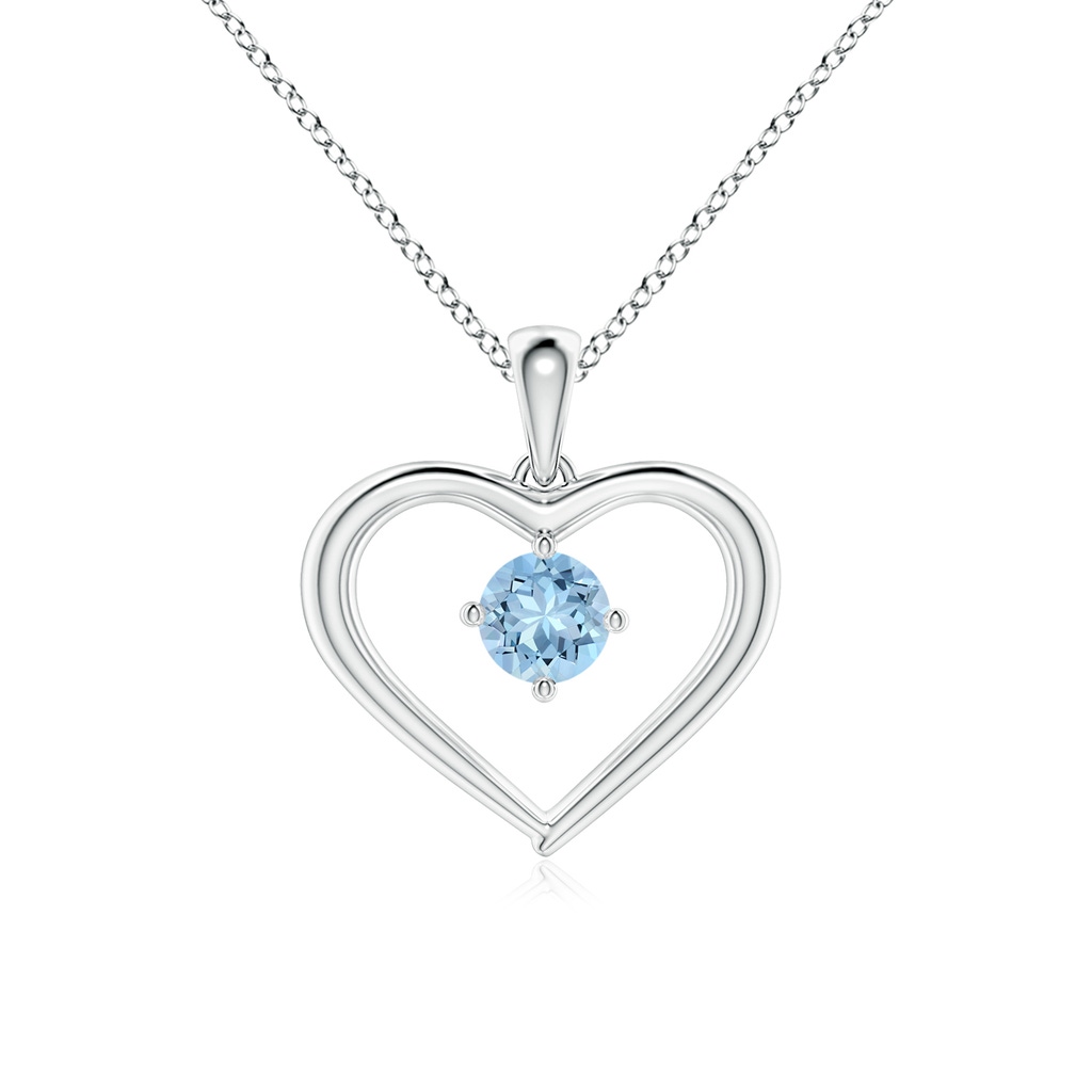 4mm AAA Solitaire Round Aquamarine Open Heart Pendant in White Gold