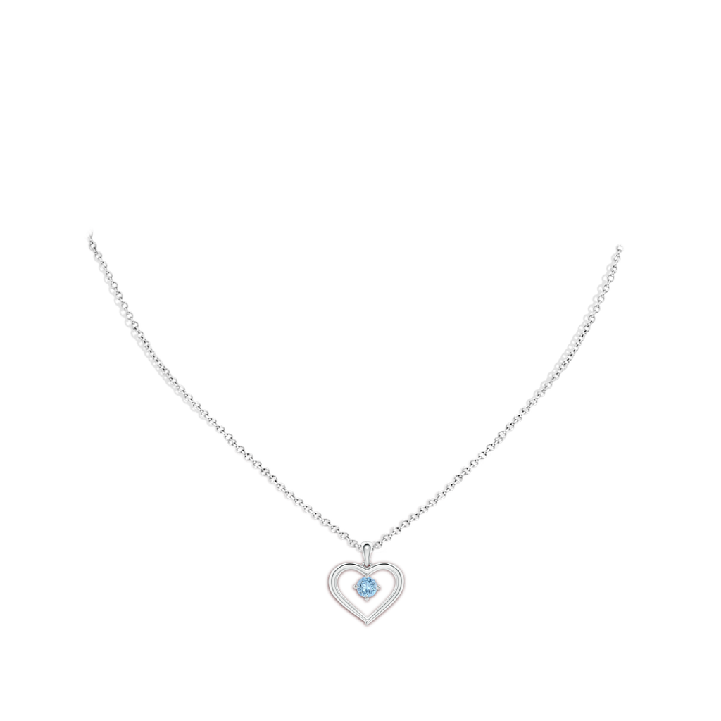 4mm AAA Solitaire Round Aquamarine Open Heart Pendant in White Gold Body-Neck