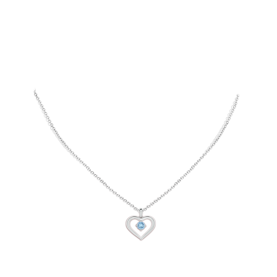 4mm AAA Solitaire Round Aquamarine Open Heart Pendant in White Gold body-neck