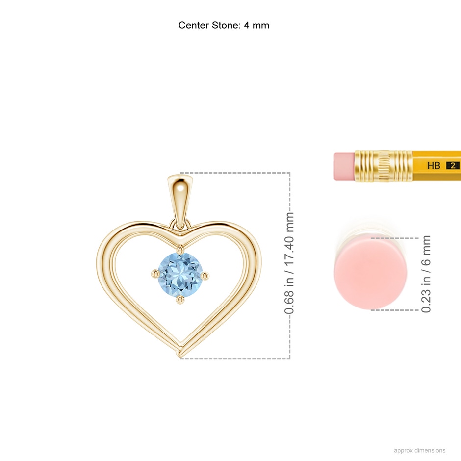 4mm AAA Solitaire Round Aquamarine Open Heart Pendant in Yellow Gold ruler