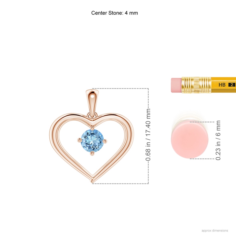 4mm AAAA Solitaire Round Aquamarine Open Heart Pendant in Rose Gold ruler
