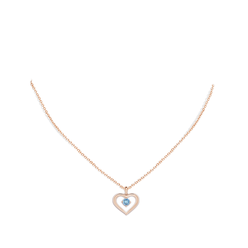 4mm AAAA Solitaire Round Aquamarine Open Heart Pendant in Rose Gold body-neck