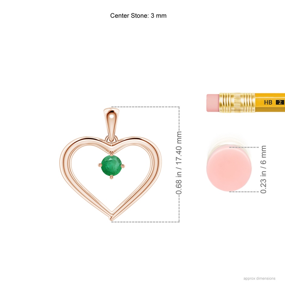 3mm A Solitaire Round Emerald Open Heart Pendant in Rose Gold ruler