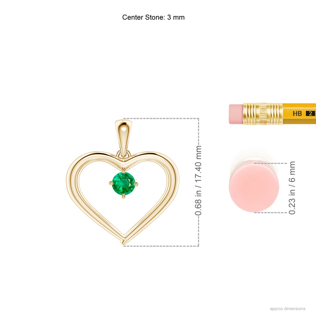 3mm AAA Solitaire Round Emerald Open Heart Pendant in 9K Yellow Gold Ruler