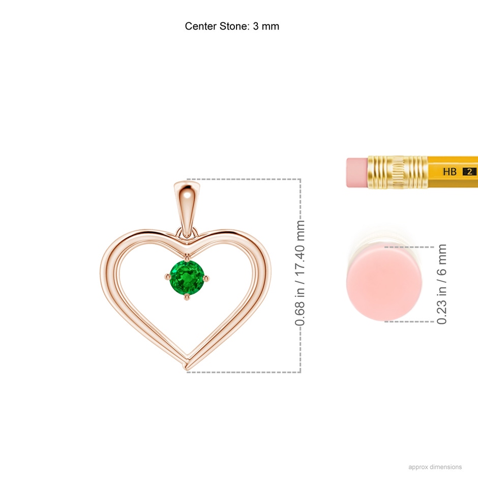 3mm AAAA Solitaire Round Emerald Open Heart Pendant in Rose Gold ruler
