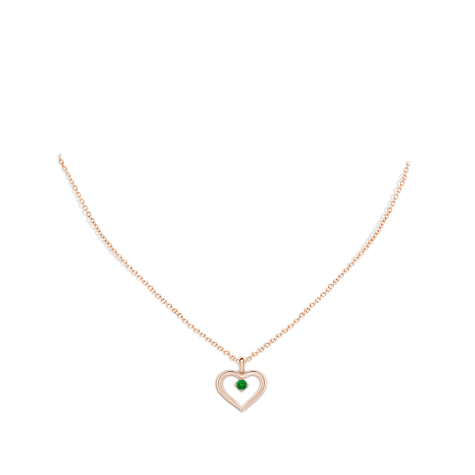 3mm AAAA Solitaire Round Emerald Open Heart Pendant in Rose Gold body-neck