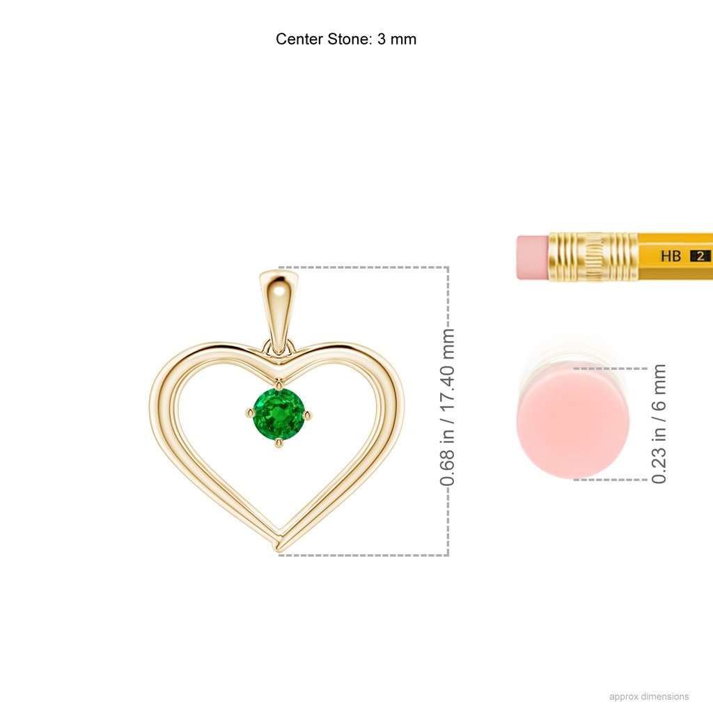 3mm AAAA Solitaire Round Emerald Open Heart Pendant in Yellow Gold Ruler