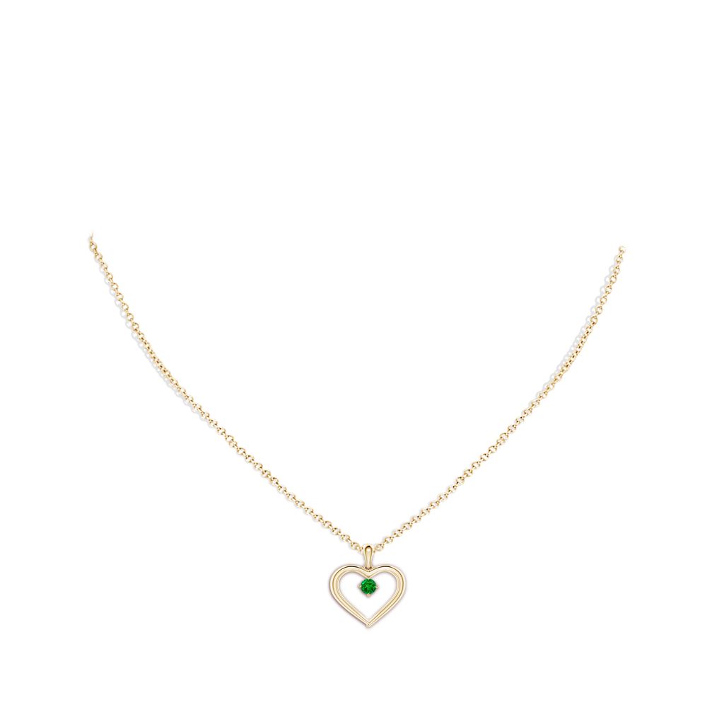 3mm AAAA Solitaire Round Emerald Open Heart Pendant in Yellow Gold Body-Neck