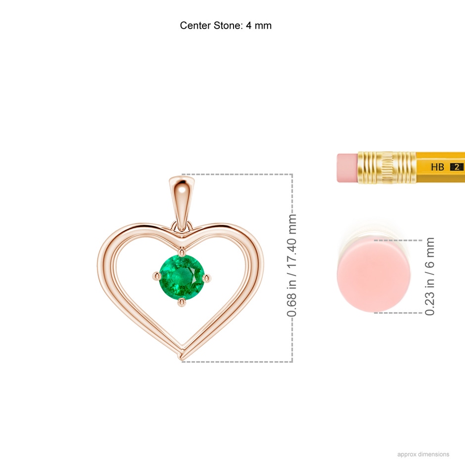 4mm AAA Solitaire Round Emerald Open Heart Pendant in Rose Gold ruler