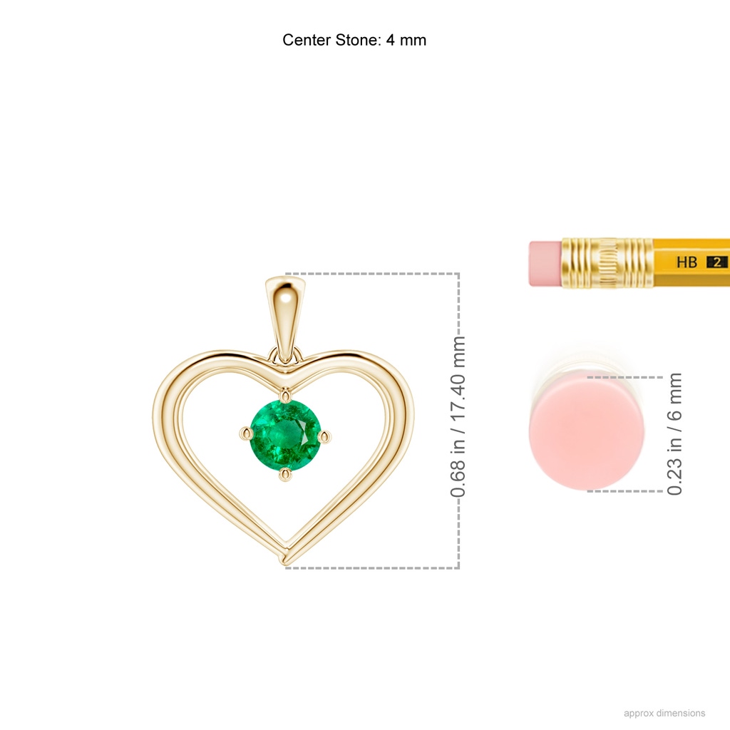 4mm AAA Solitaire Round Emerald Open Heart Pendant in Yellow Gold Ruler