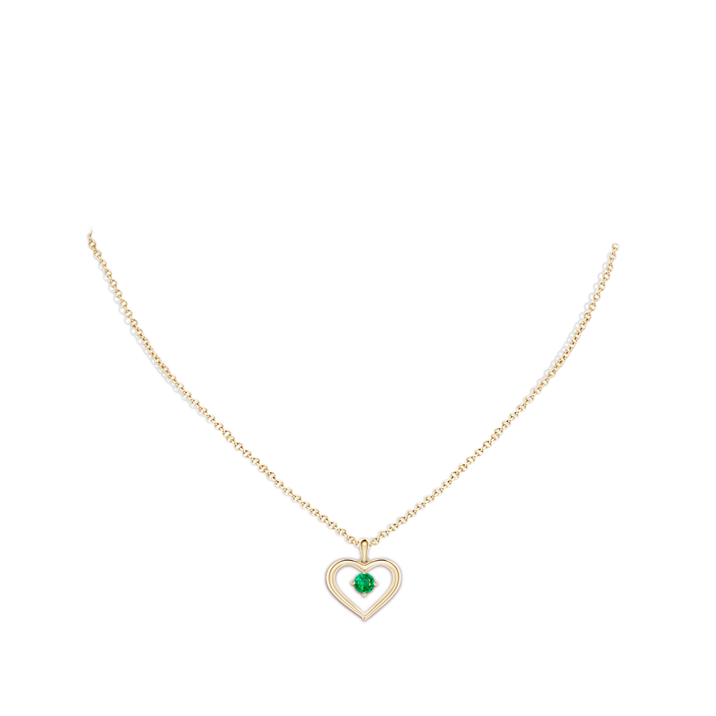 4mm AAA Solitaire Round Emerald Open Heart Pendant in Yellow Gold Body-Neck