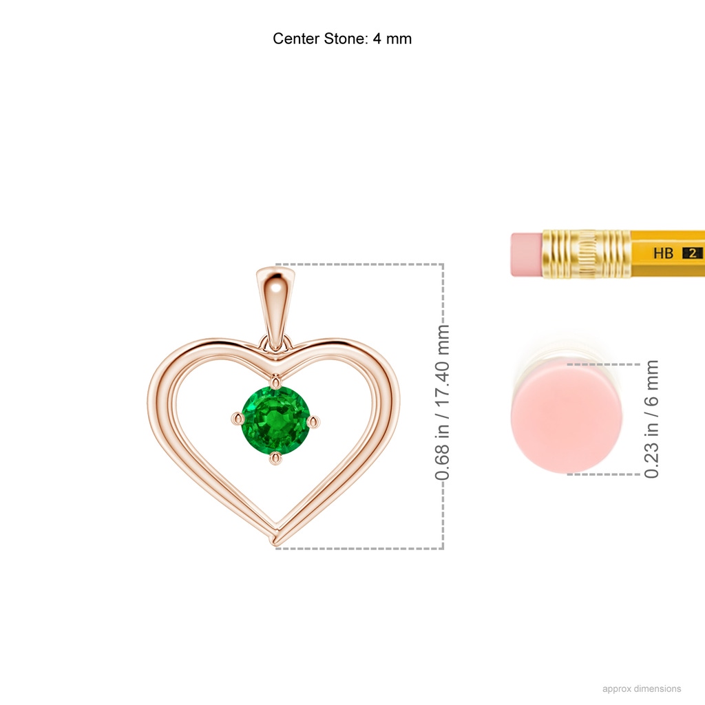 4mm AAAA Solitaire Round Emerald Open Heart Pendant in Rose Gold Ruler