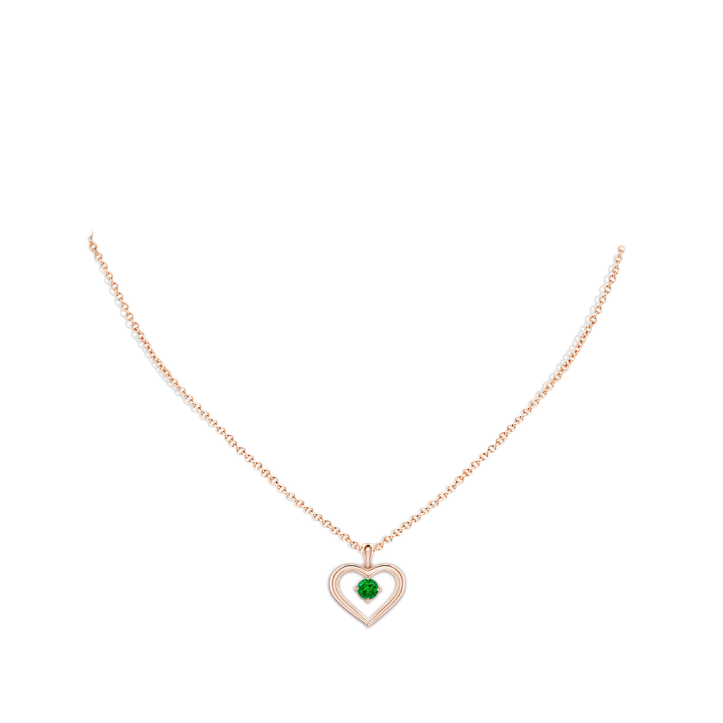4mm AAAA Solitaire Round Emerald Open Heart Pendant in Rose Gold Body-Neck