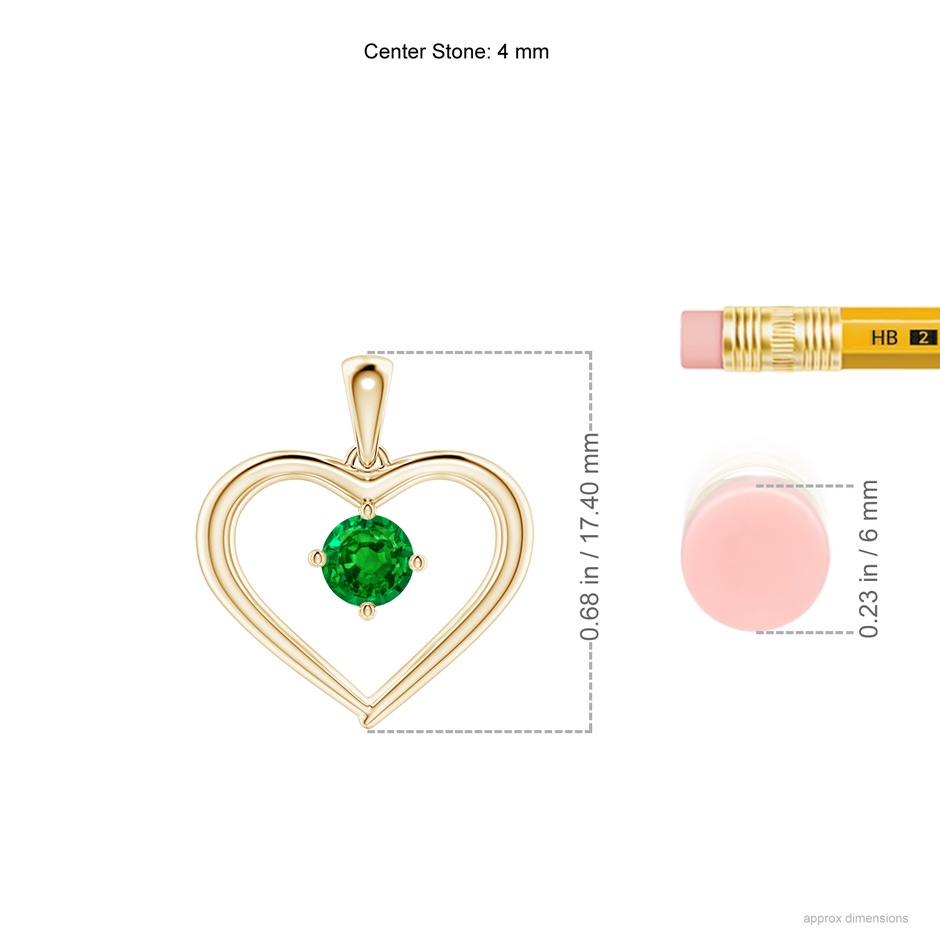 4mm AAAA Solitaire Round Emerald Open Heart Pendant in Yellow Gold ruler