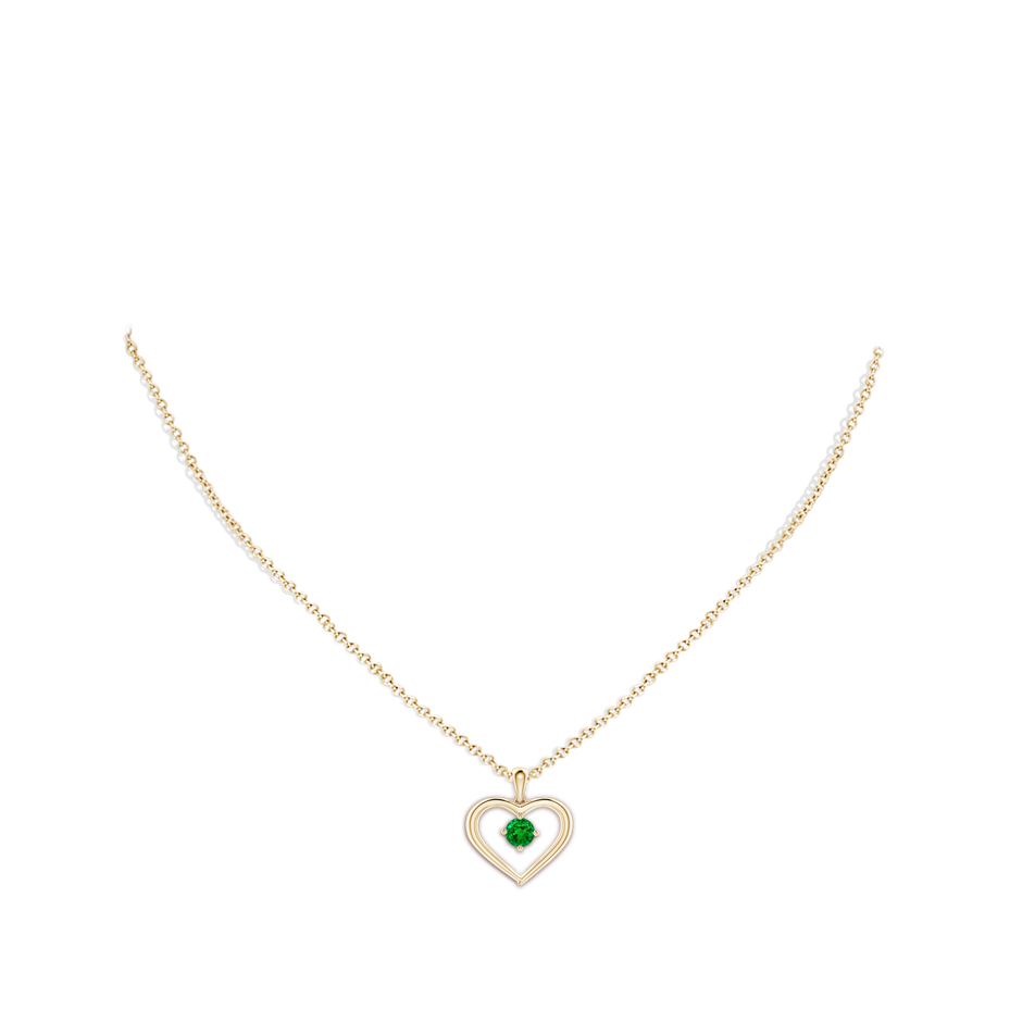 4mm AAAA Solitaire Round Emerald Open Heart Pendant in Yellow Gold body-neck