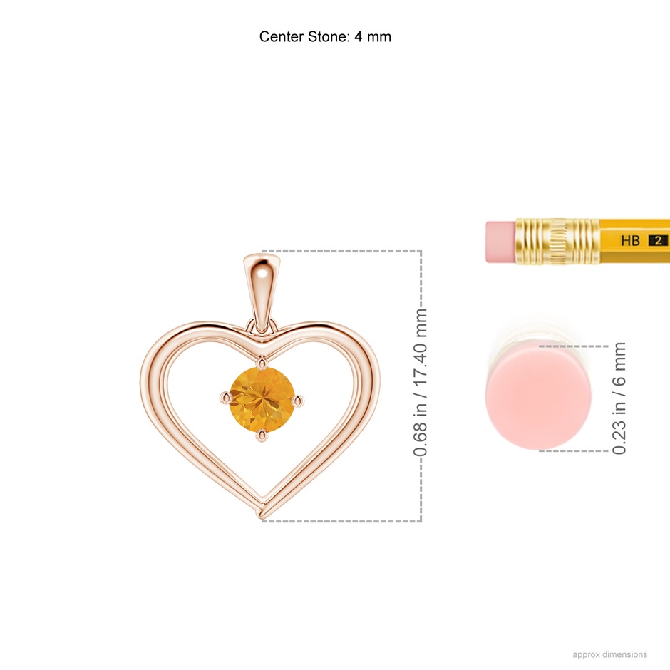 4mm A Solitaire Round Fire Opal Open Heart Pendant in 9K Rose Gold ruler