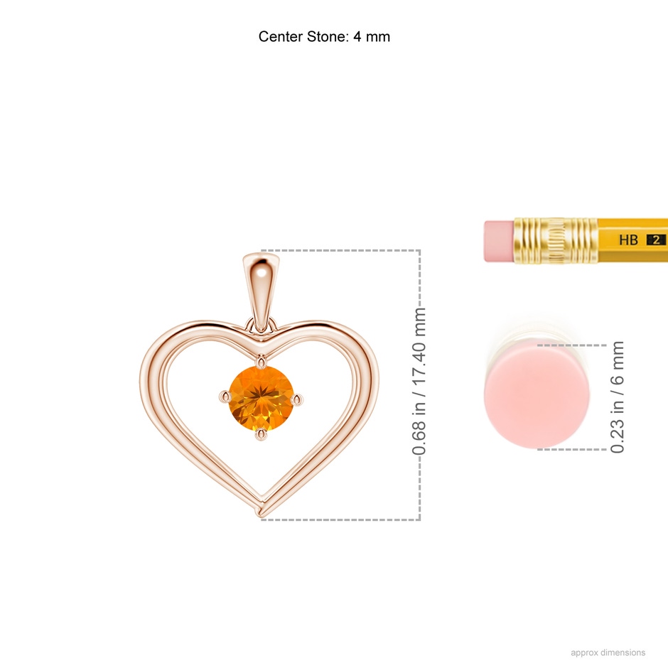 4mm AA Solitaire Round Fire Opal Open Heart Pendant in Rose Gold ruler