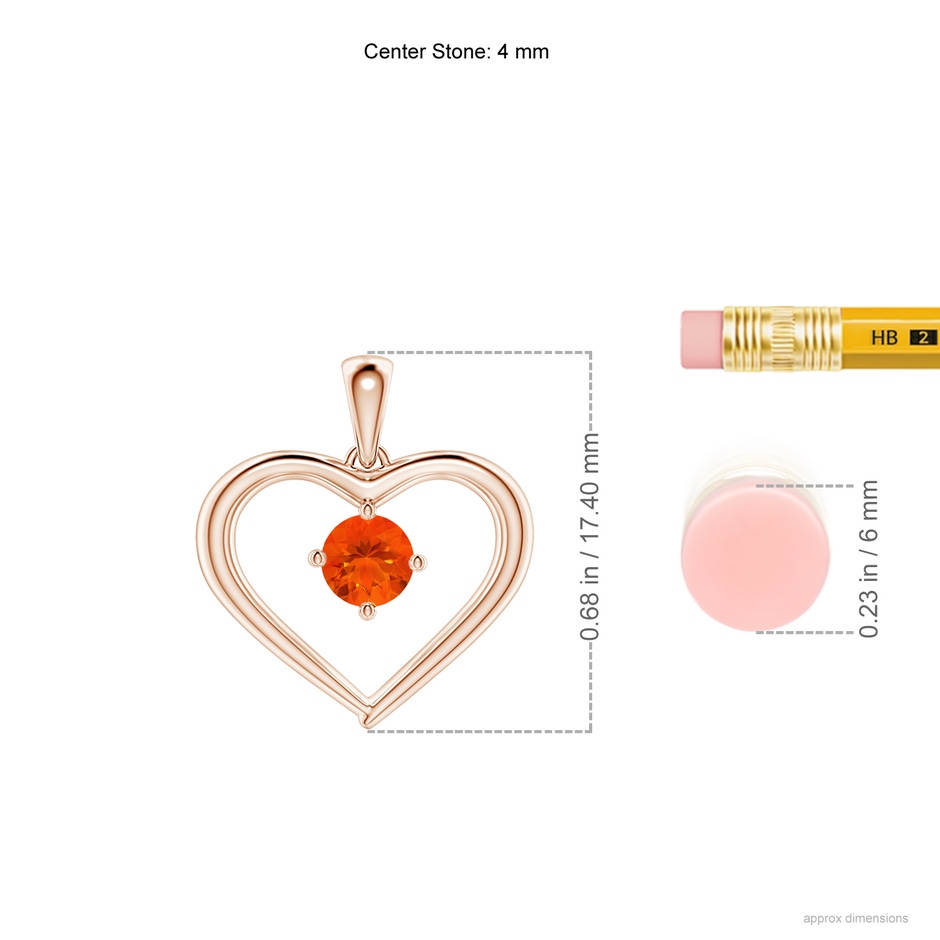 4mm AAA Solitaire Round Fire Opal Open Heart Pendant in Rose Gold ruler