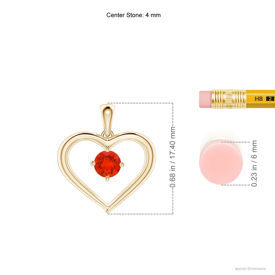 4mm AAAA Solitaire Round Fire Opal Open Heart Pendant in Yellow Gold ruler