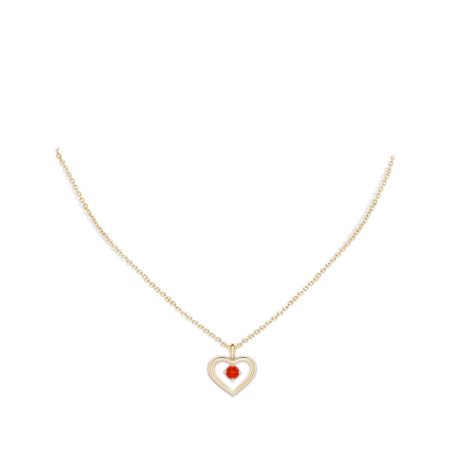 4mm AAAA Solitaire Round Fire Opal Open Heart Pendant in Yellow Gold body-neck