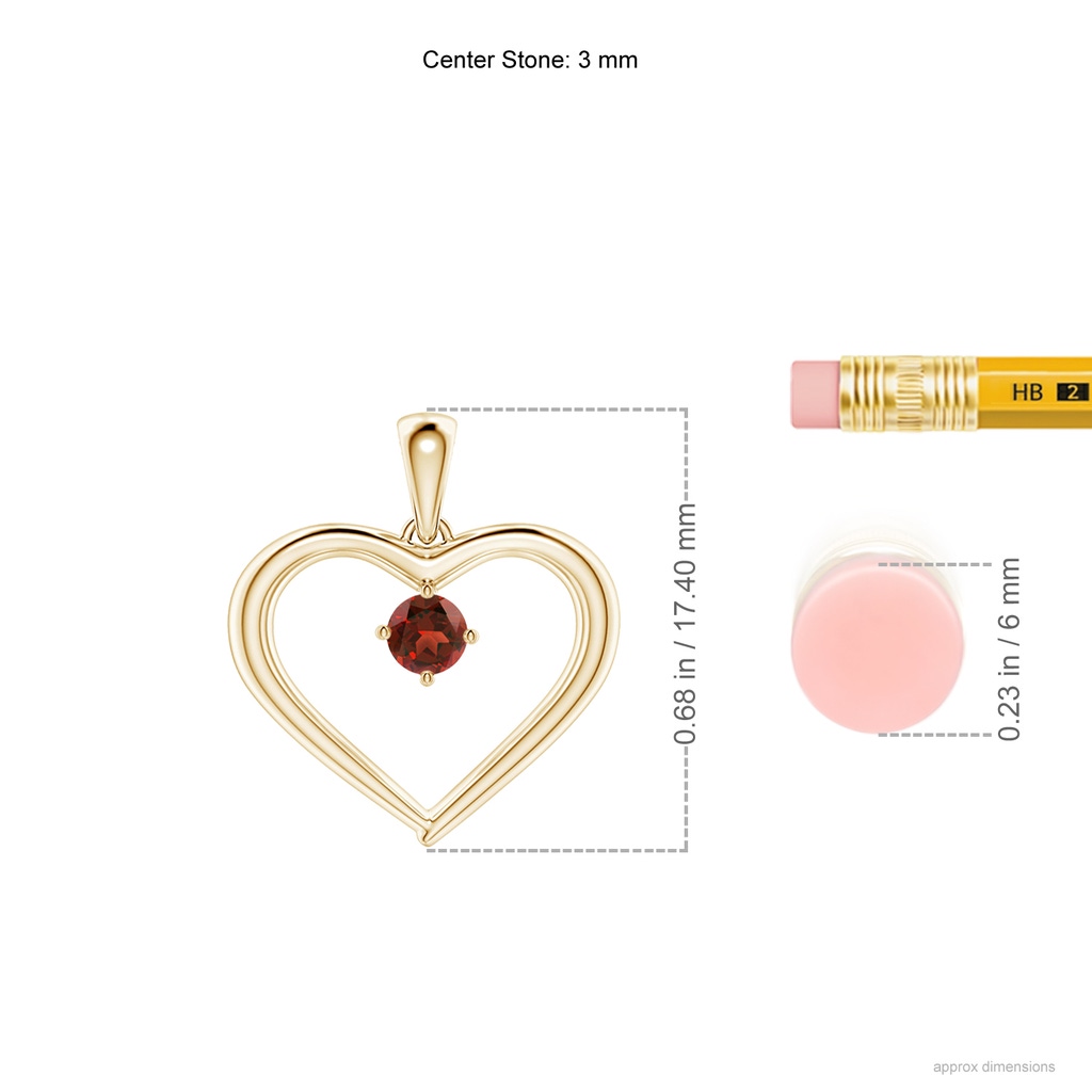 3mm AAAA Solitaire Round Garnet Open Heart Pendant in Yellow Gold Ruler