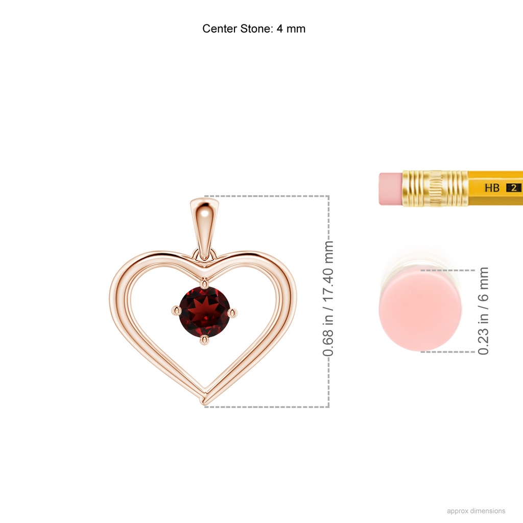 4mm AAA Solitaire Round Garnet Open Heart Pendant in Rose Gold Ruler