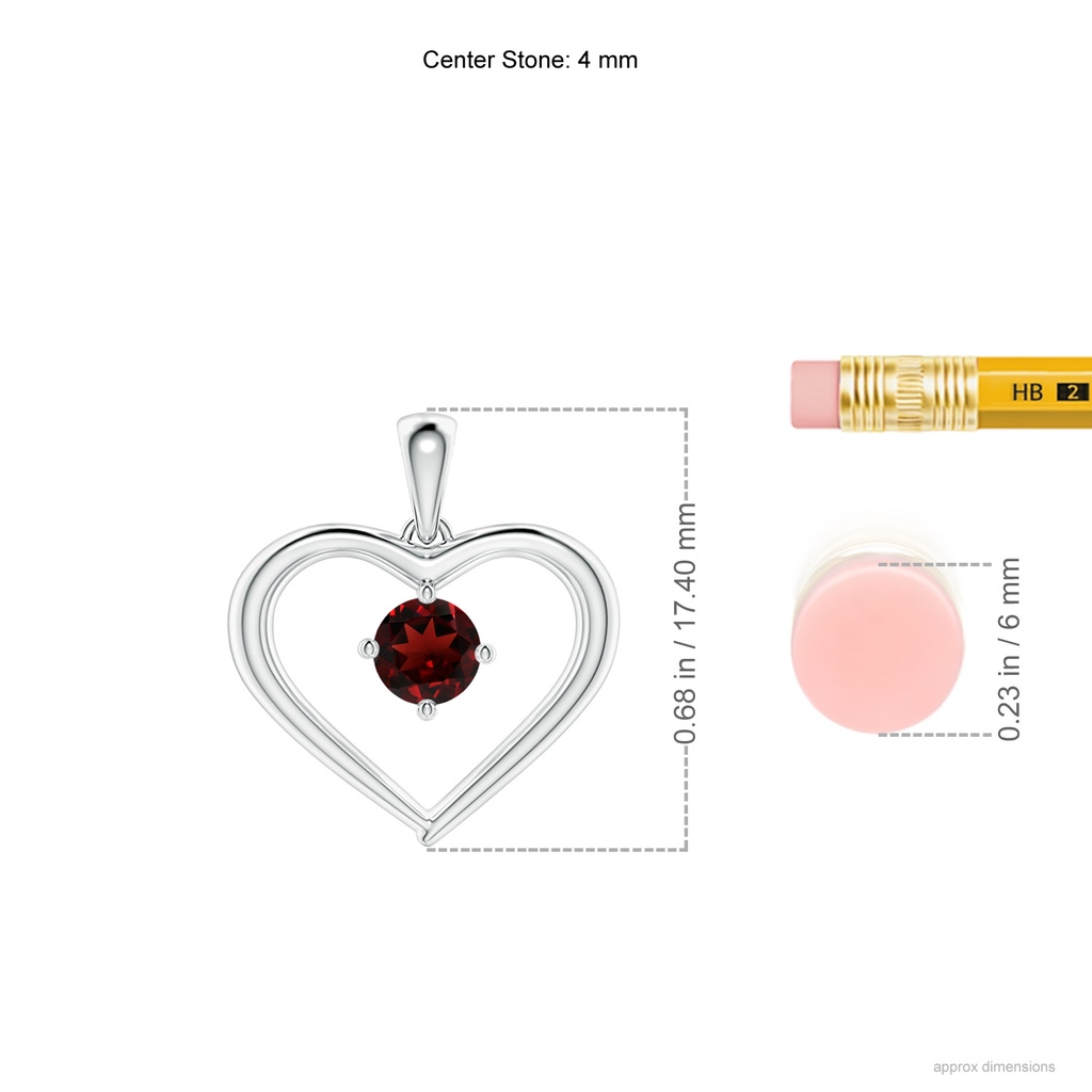 4mm AAA Solitaire Round Garnet Open Heart Pendant in White Gold Ruler