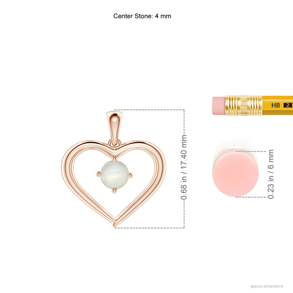 4mm AAAA Solitaire Round Moonstone Open Heart Pendant in Rose Gold ruler